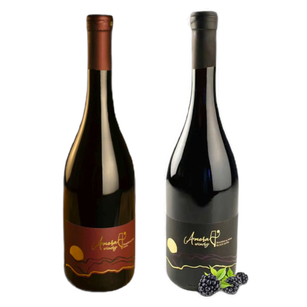 Pachet promoțional cu Vin de zmeură Amora Rubin + Vin de mure Black Satin demidulce 750ml